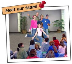 A framed image that shows SKITuations actors performing for kids.